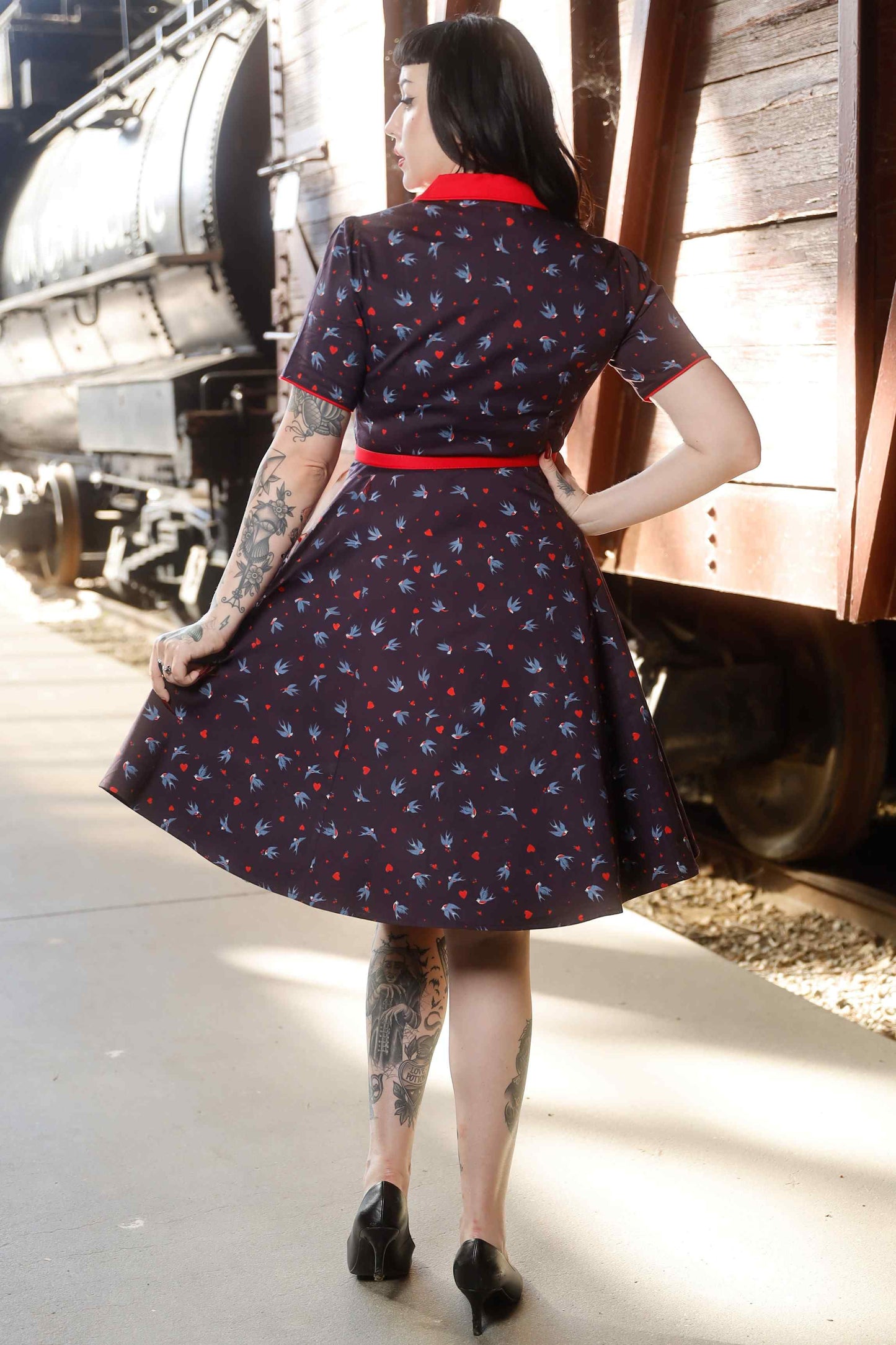 Penelope Navy Blue Swallow Shirt Dress