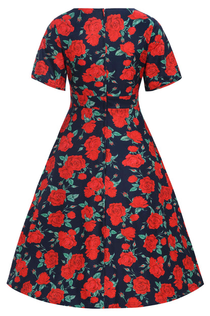 Janice Sleeved Tea Dress in Navy Blue/Red Rose Print