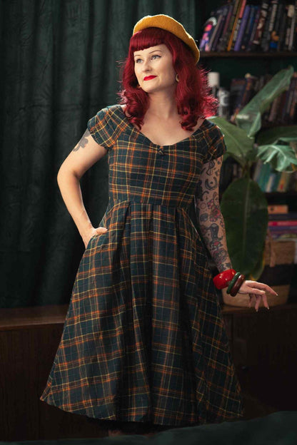 Lily Off Shoulder Green Tartan Check Circle Dress