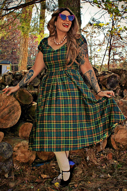 Lily Off Shoulder Green Tartan Check Circle Dress