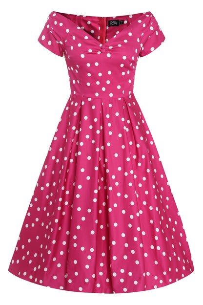 Lily Off-Shoulder Polka Dot Evening Dress in Hot Pink/White