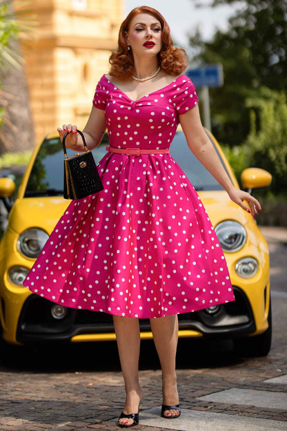 Lily Off-Shoulder Polka Dot Evening Dress in Hot Pink/White