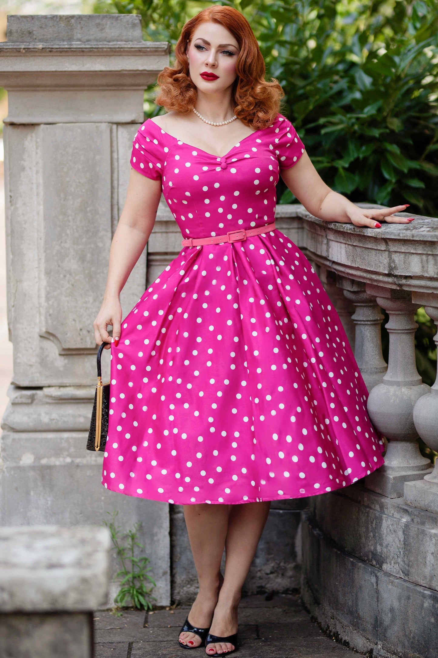 Lily Off-Shoulder Polka Dot Evening Dress in Hot Pink/White