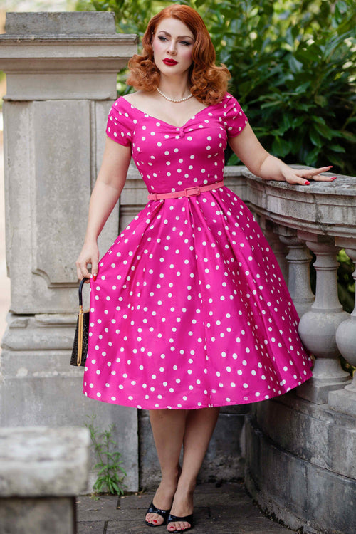Lily Off-Shoulder Polka Dot Evening Dress in Hot Pink/White