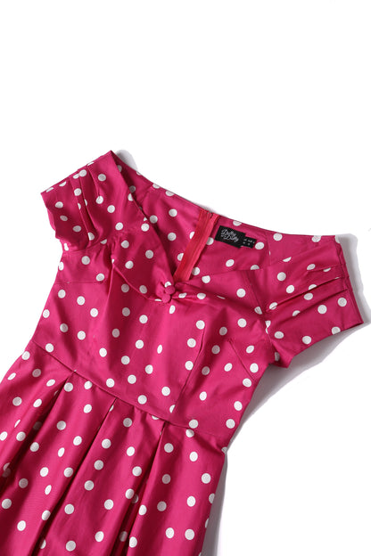 Lily Off-Shoulder Polka Dot Evening Dress in Hot Pink/White