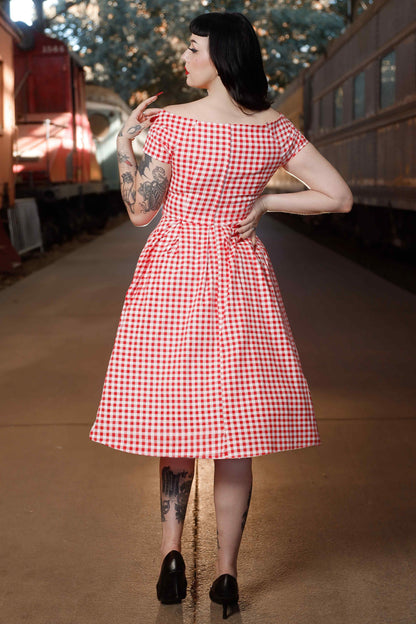 Lily Off Shoulder Red Gingham Swing Dress