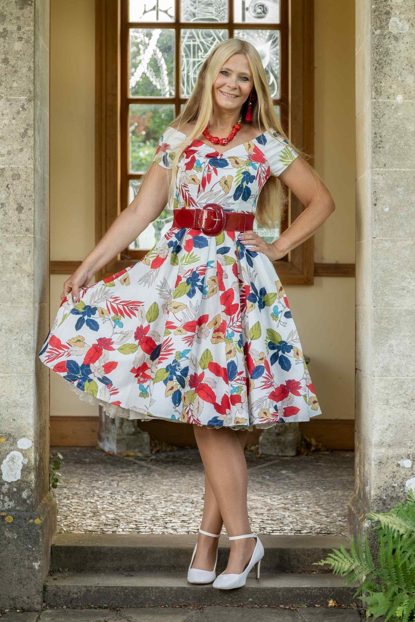 Lily Off Shoulder Tropical Floral Swing Dress In White