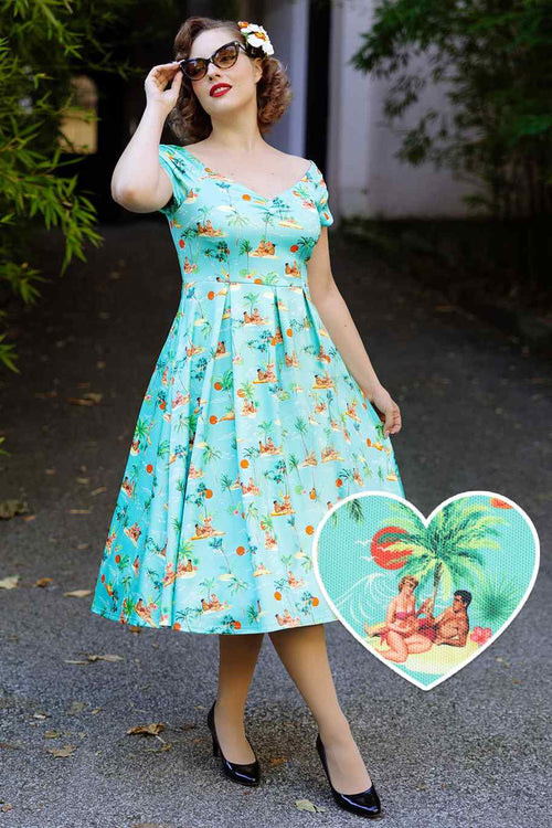 Lily Off Shoulder Turquoise Dress In Sunset Couple Print