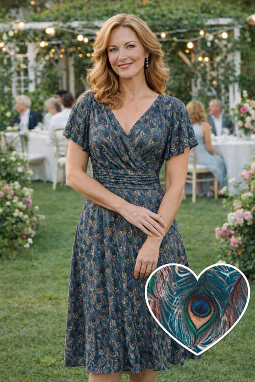 Donna Peacock Feather Crossover Bust Dress