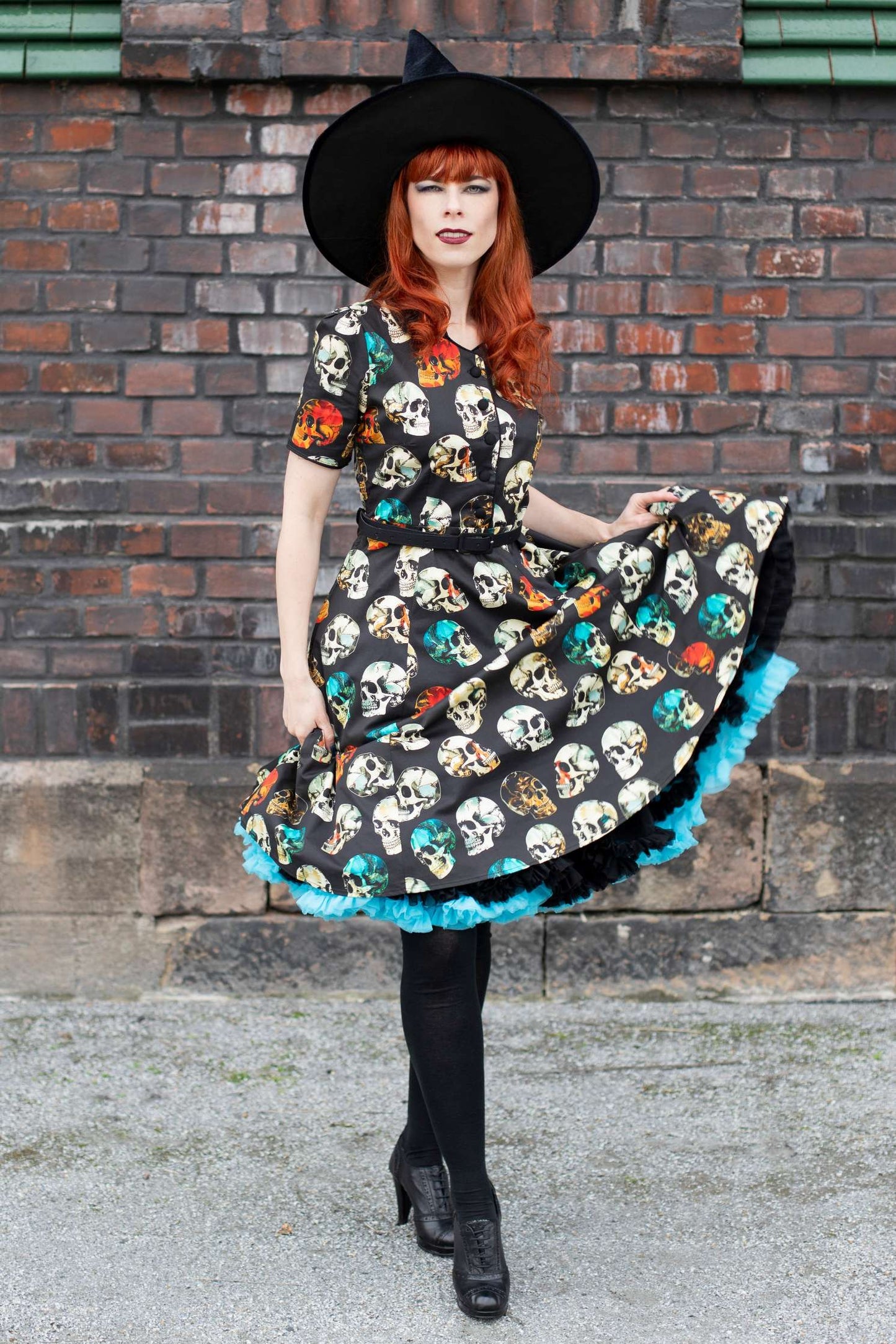 Penelope Rockabilly Black Skull Shirt Dress