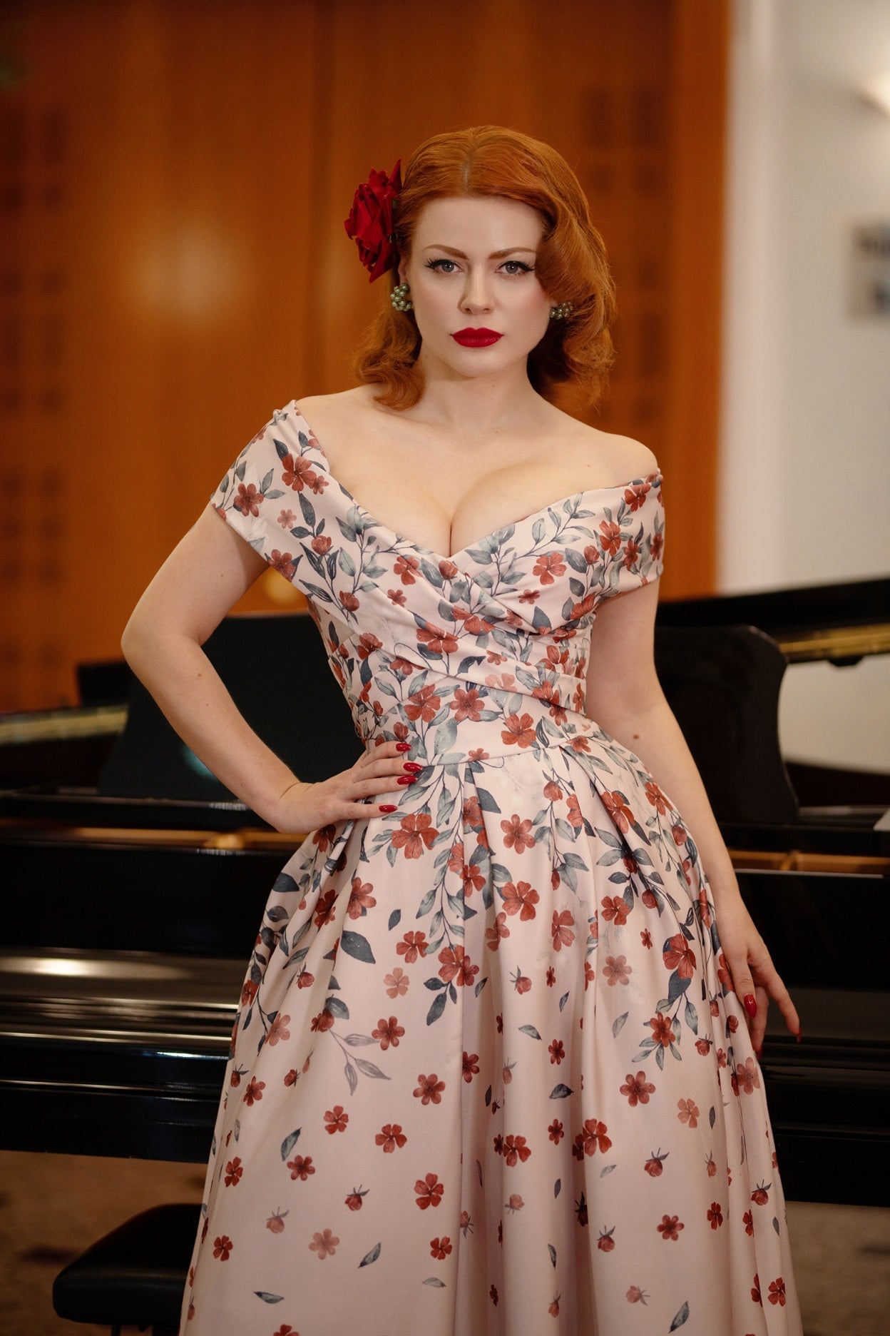 Beverly Pink Falling Flower Off Shoulder Dress
