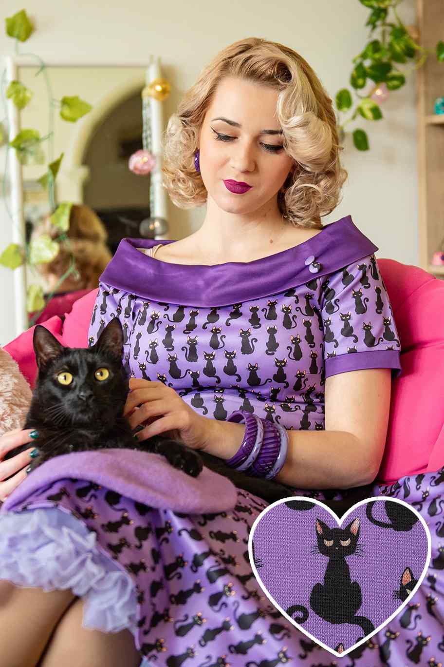 Darlene Purple Black Cat Swing Dress