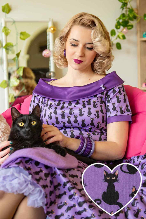 Darlene Purple Black Cat Swing Dress