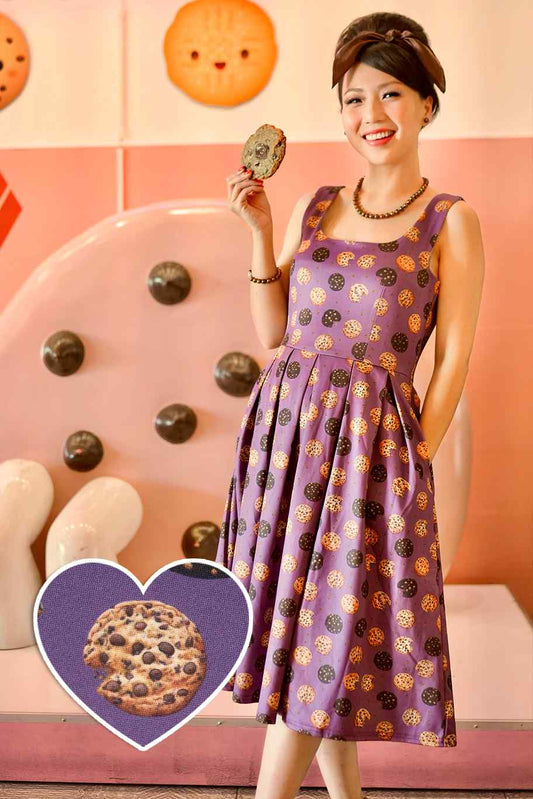 Amanda Purple Retro Flared Dress in Cookie Print