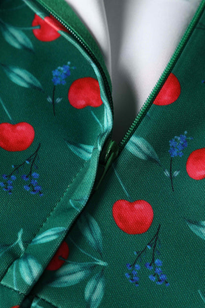 Amanda Red Cherry Flared Dress In Green