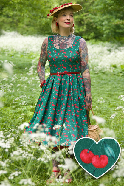 Amanda Red Cherry Flared Dress In Green