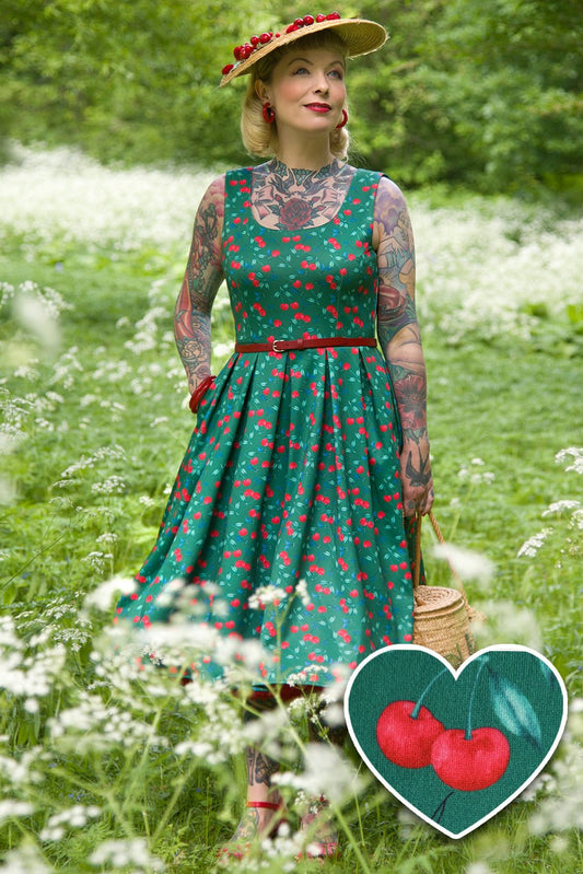 Amanda Red Cherry Flared Dress In Green