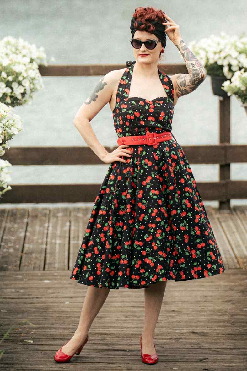 Daisy Red Cherry Halter Dress In Black