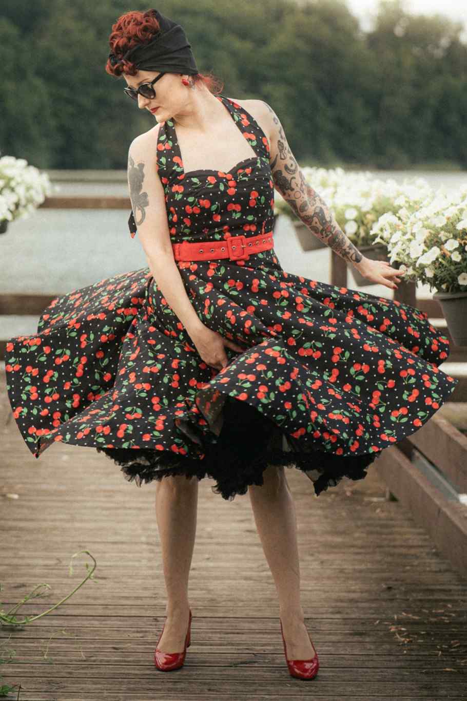 Daisy Red Cherry Halter Dress In Black