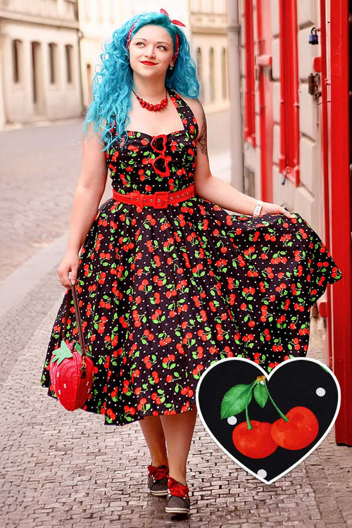 Daisy Red Cherry Halter Dress In Black