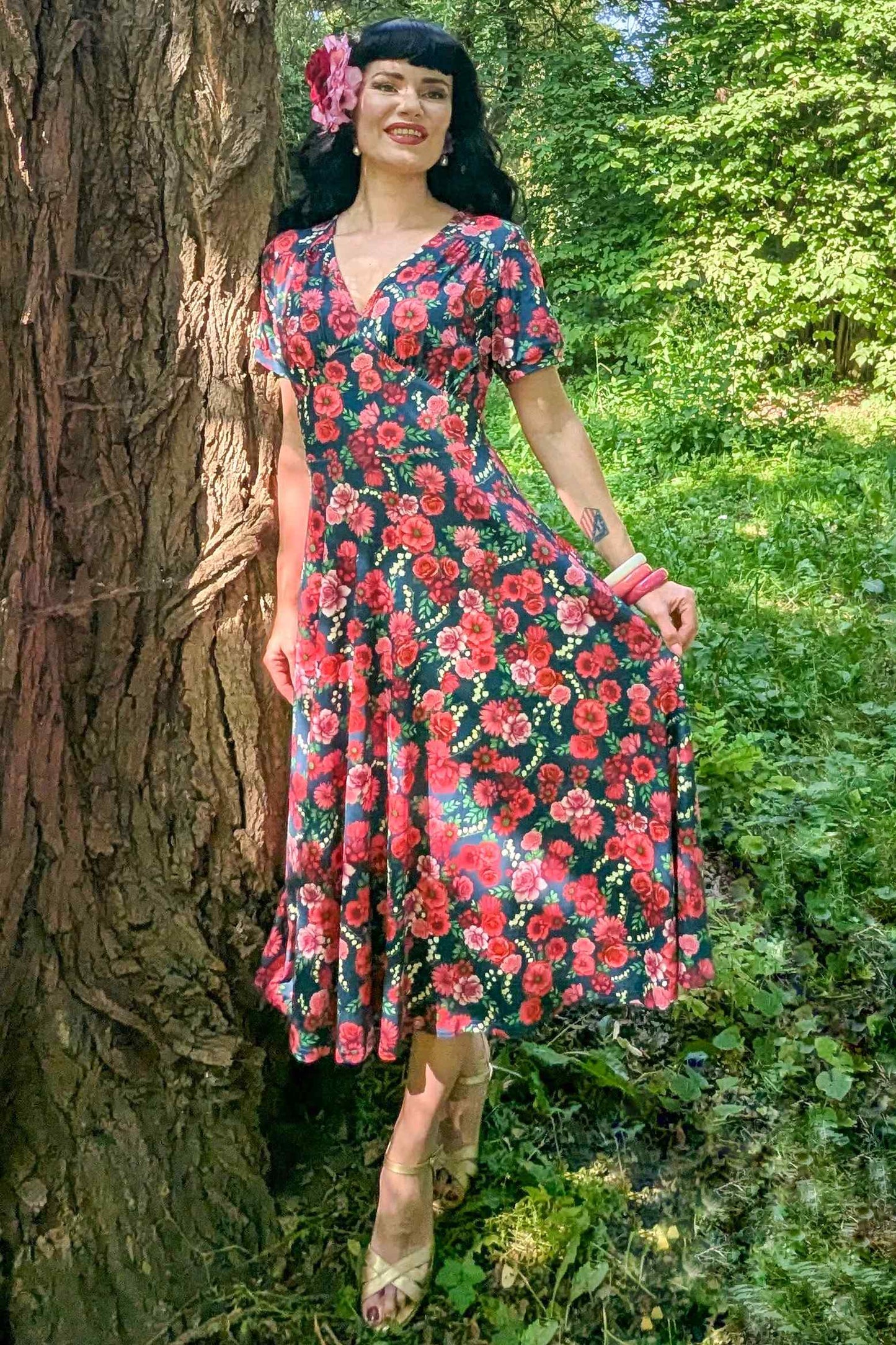 Julia Red Floral Midi Dress In Petrol Blue