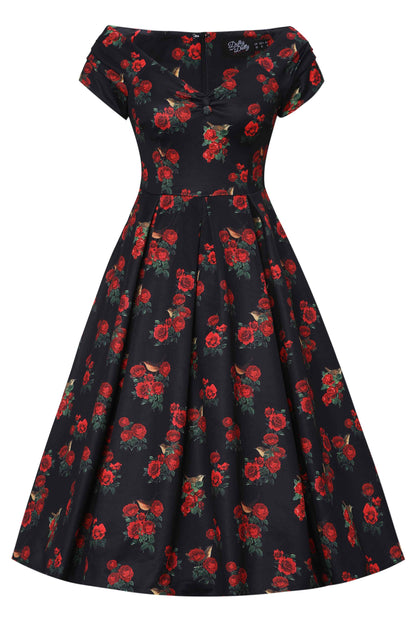 Lily Red Rose & Bird Off Shoulder Dress In Black