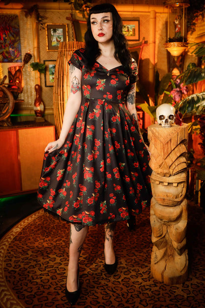 Lily Red Rose & Bird Off Shoulder Dress In Black