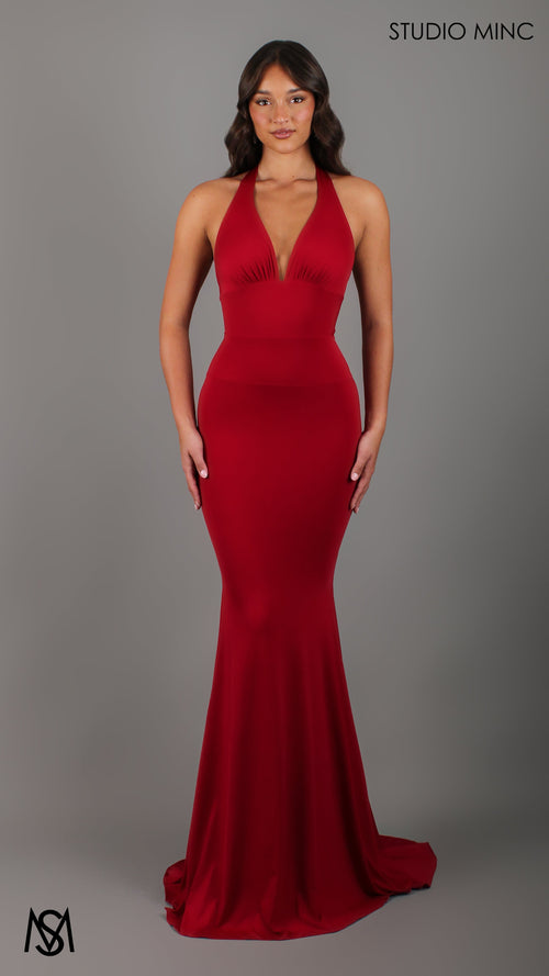HOURGLASS - Red Fitted Mermaid Formal Dress with Plunge Neckline