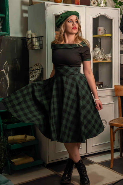 Darlene Retro Black & Green Tartan Swing Dress