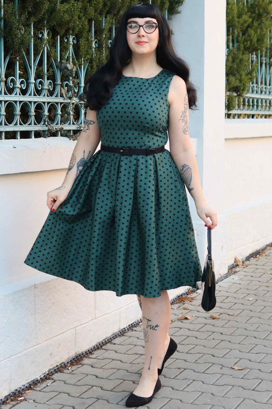 Annie Retro Polka Dot Dress in Green and Black