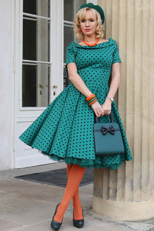 Darlene Retro Polka Dot Swing Dress in Dark Green
