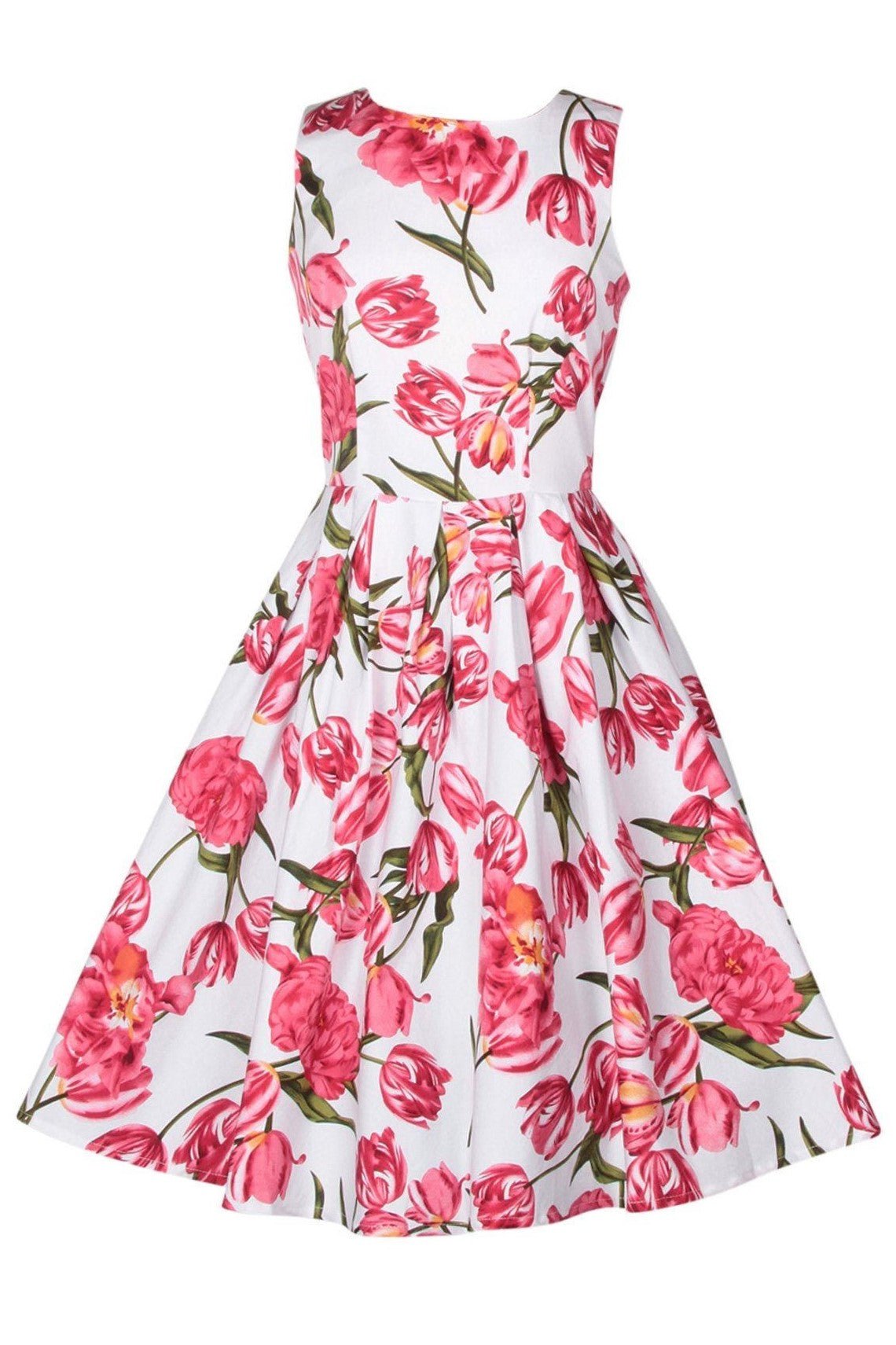 Annie Retro Tulip Floral Swing Dress in White-Pink