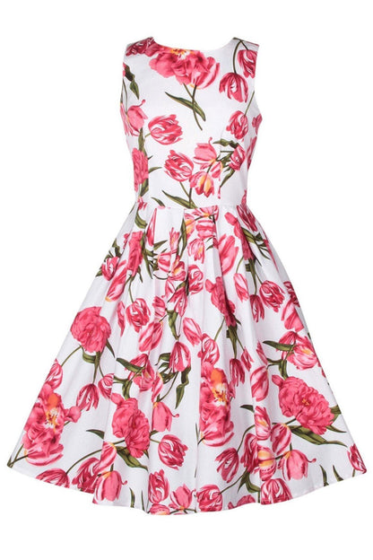 Annie Retro Tulip Floral Swing Dress in White-Pink