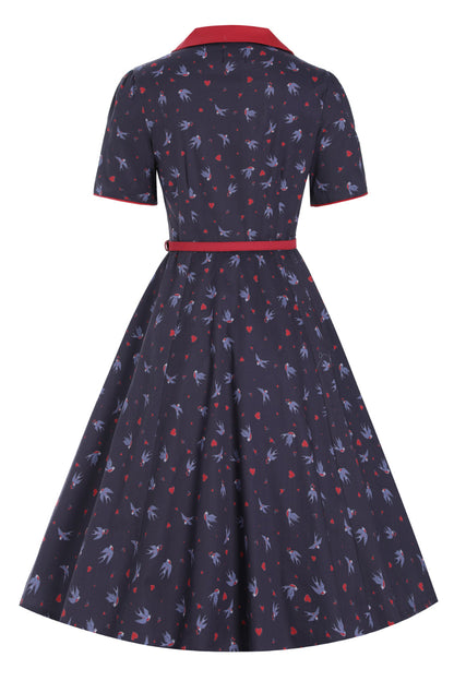 Penelope Navy Blue Swallow Shirt Dress