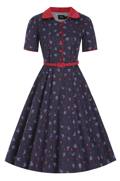 Penelope Navy Blue Swallow Shirt Dress