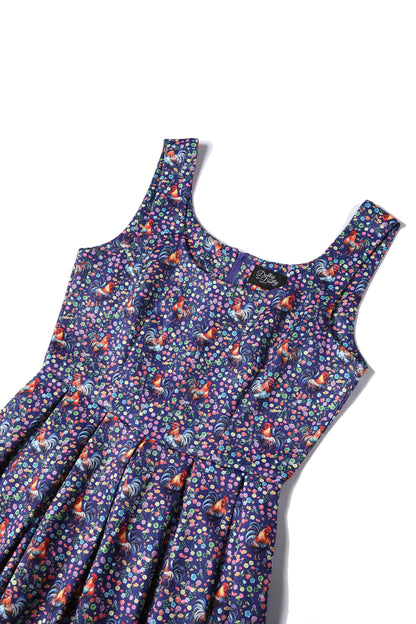 Amanda Flared Dress in Purple Floral Rooster Print