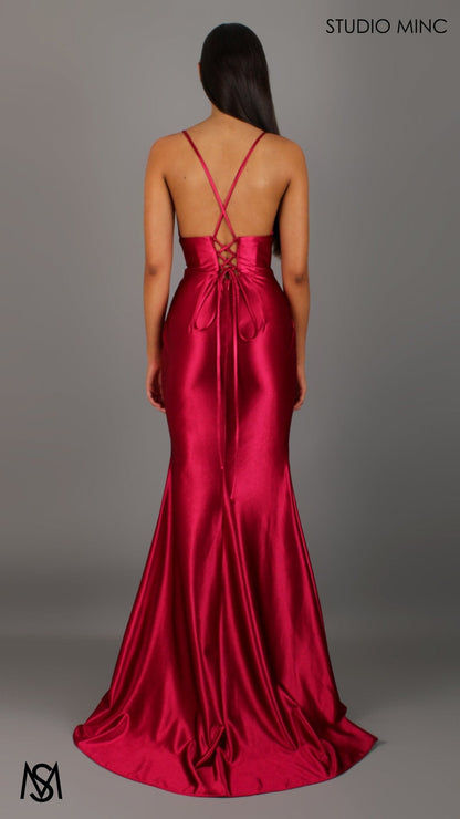 Classic - Ruby Red formal dress | Satin V neckline, backless Fitted Mermaid Gown with Slit