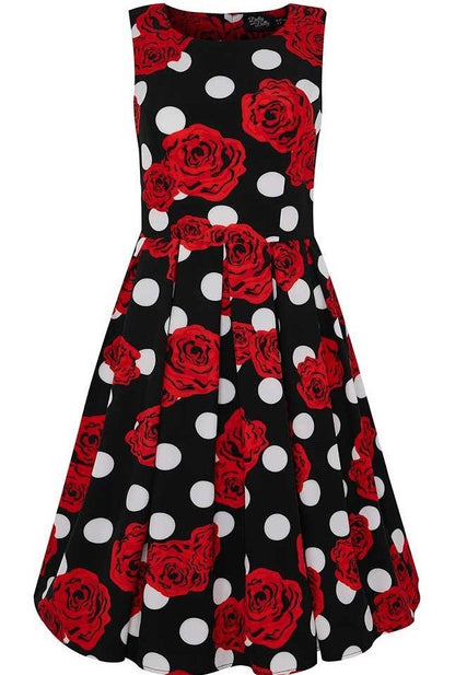 Annie Retro Inspired Swing Tea Dress Black Polka Dots & Red Roses