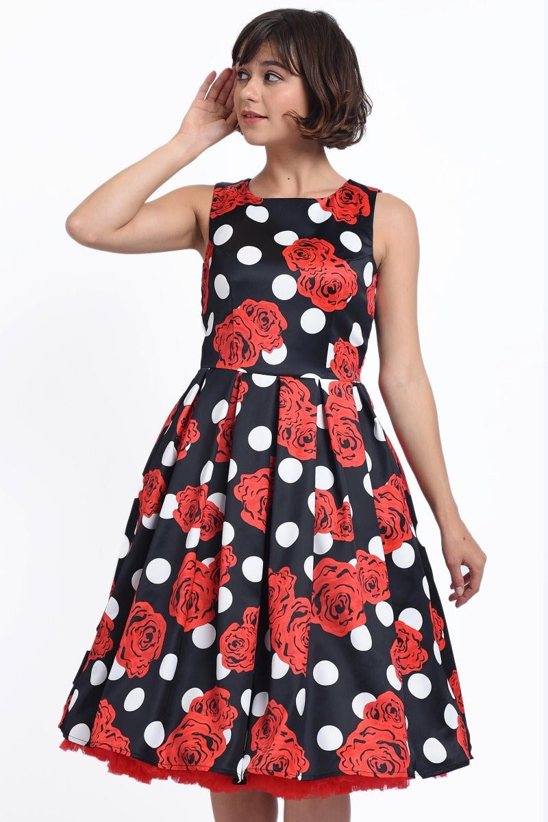 Annie Retro Inspired Swing Tea Dress Black Polka Dots & Red Roses