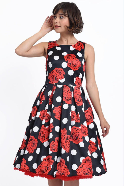 Annie Retro Inspired Swing Tea Dress Black Polka Dots & Red Roses