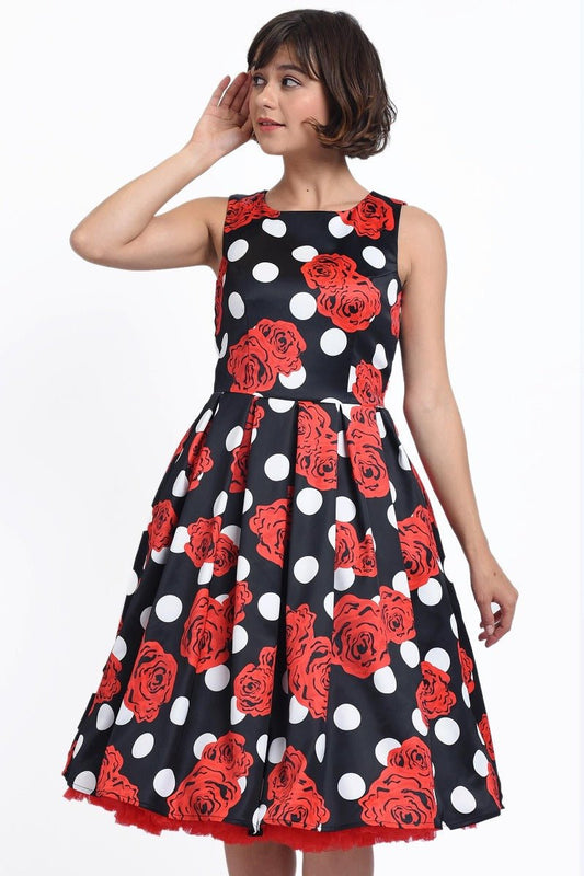 Annie Retro Inspired Swing Tea Dress Black Polka Dots & Red Roses