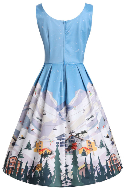 Amanda Ski Resort Flared Dress in Blue/White