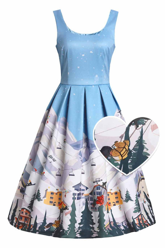 Amanda Ski Resort Flared Dress in Blue/White