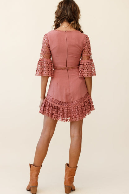 Believe It Crochet Detail Fluted Hem Dress Rose