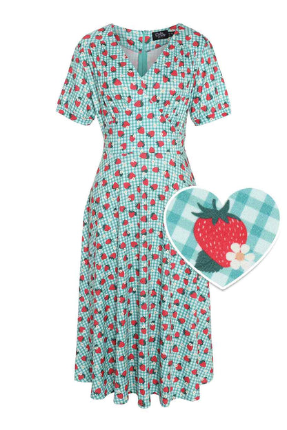 Julia Strawberry Midi Dress In Blue Gingham