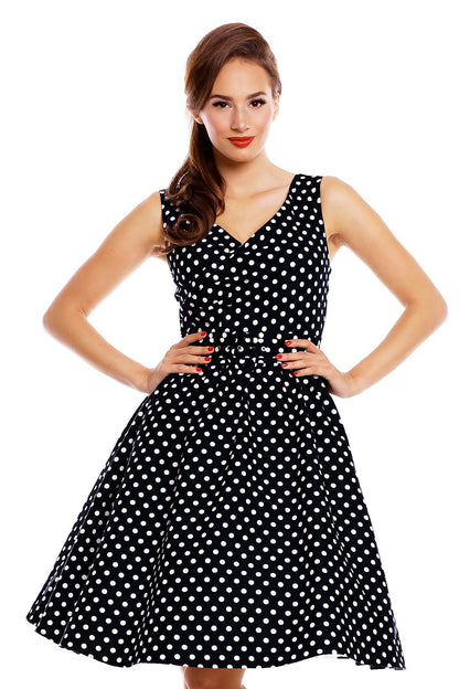 May Stylish V-neck Vintage Inspired Swing Dress in Black Polka Dots