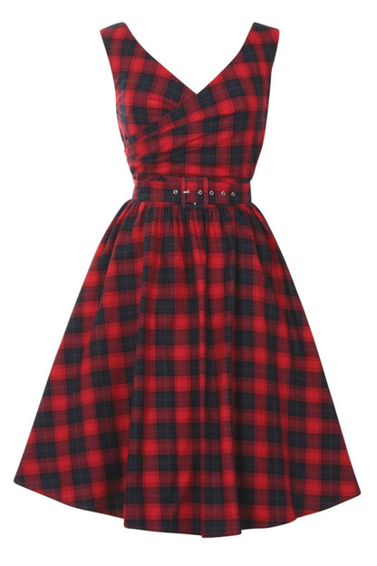 May Stylish V-neck Vintage Swing Dress in Red-Blue