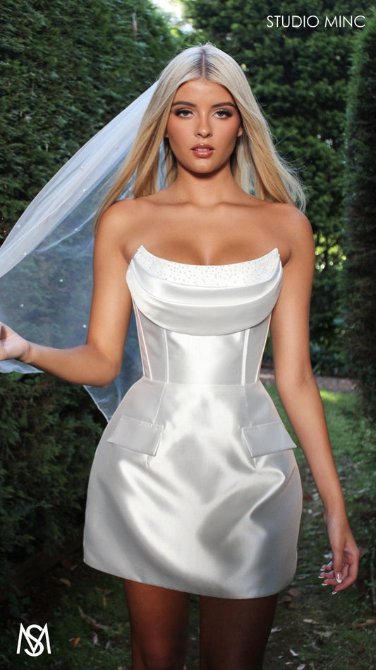 Sugar - Mini Bridal Party Dress | Mikado satin strapless corset pearl detail