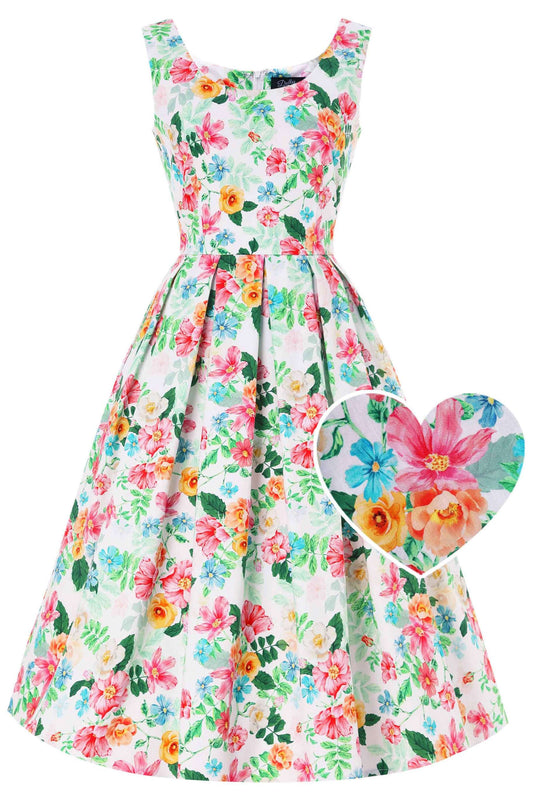 Amanda Vintage Inspired Floral Flared Dress In White