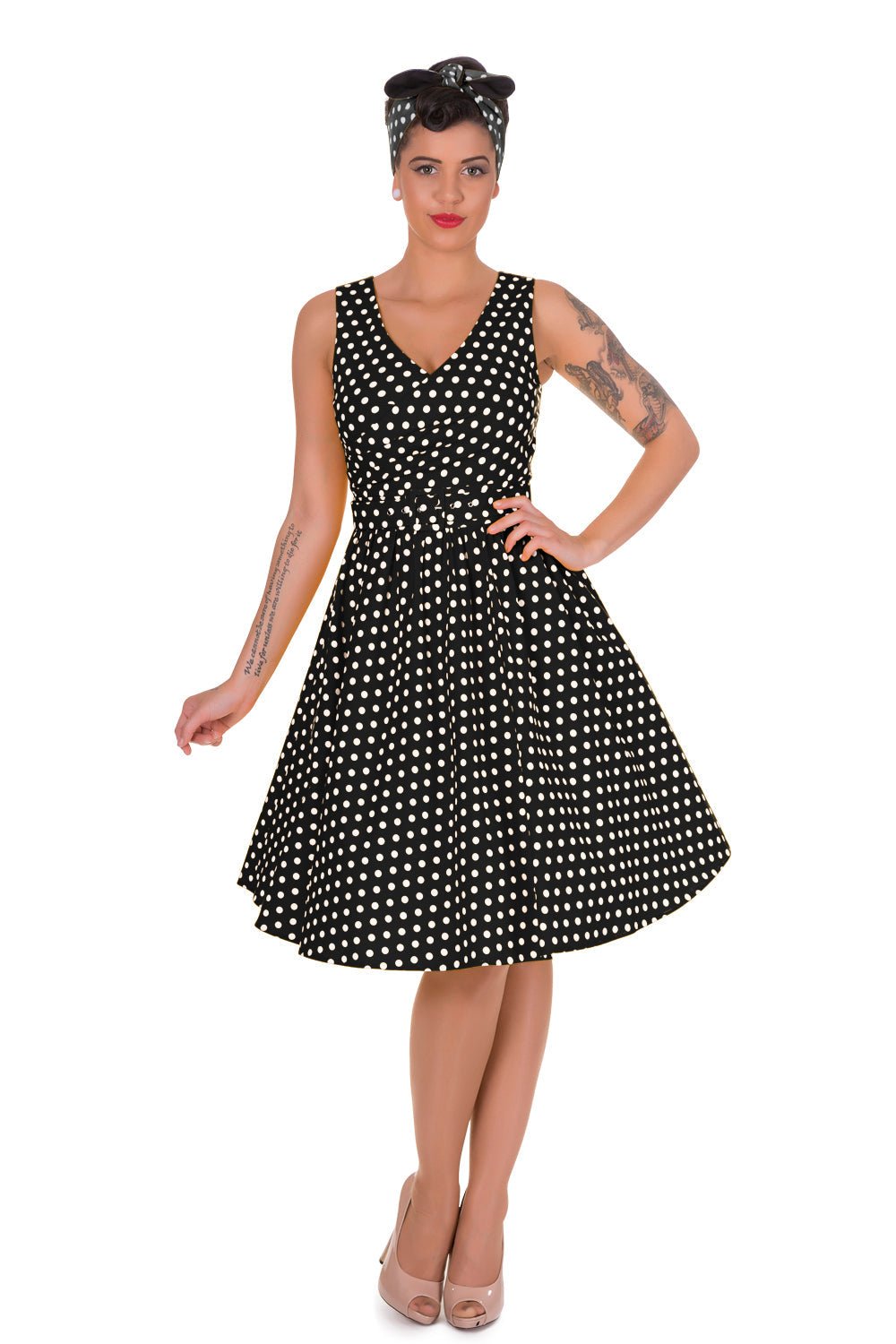 May V-neck 50s Style Swing Dress in Black Polka Dot